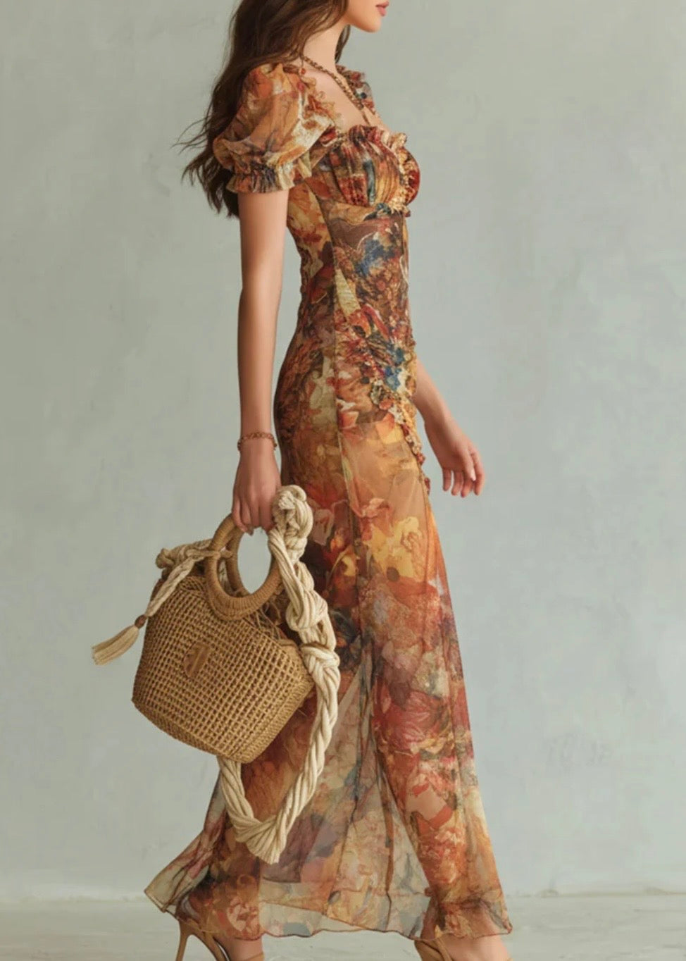 VIOLETTE | VESTIDO LARGO DE TELA NARANJA ESTILO BOHEMIO CON ESTAMPADO DE PINTURA EN ÓLEO