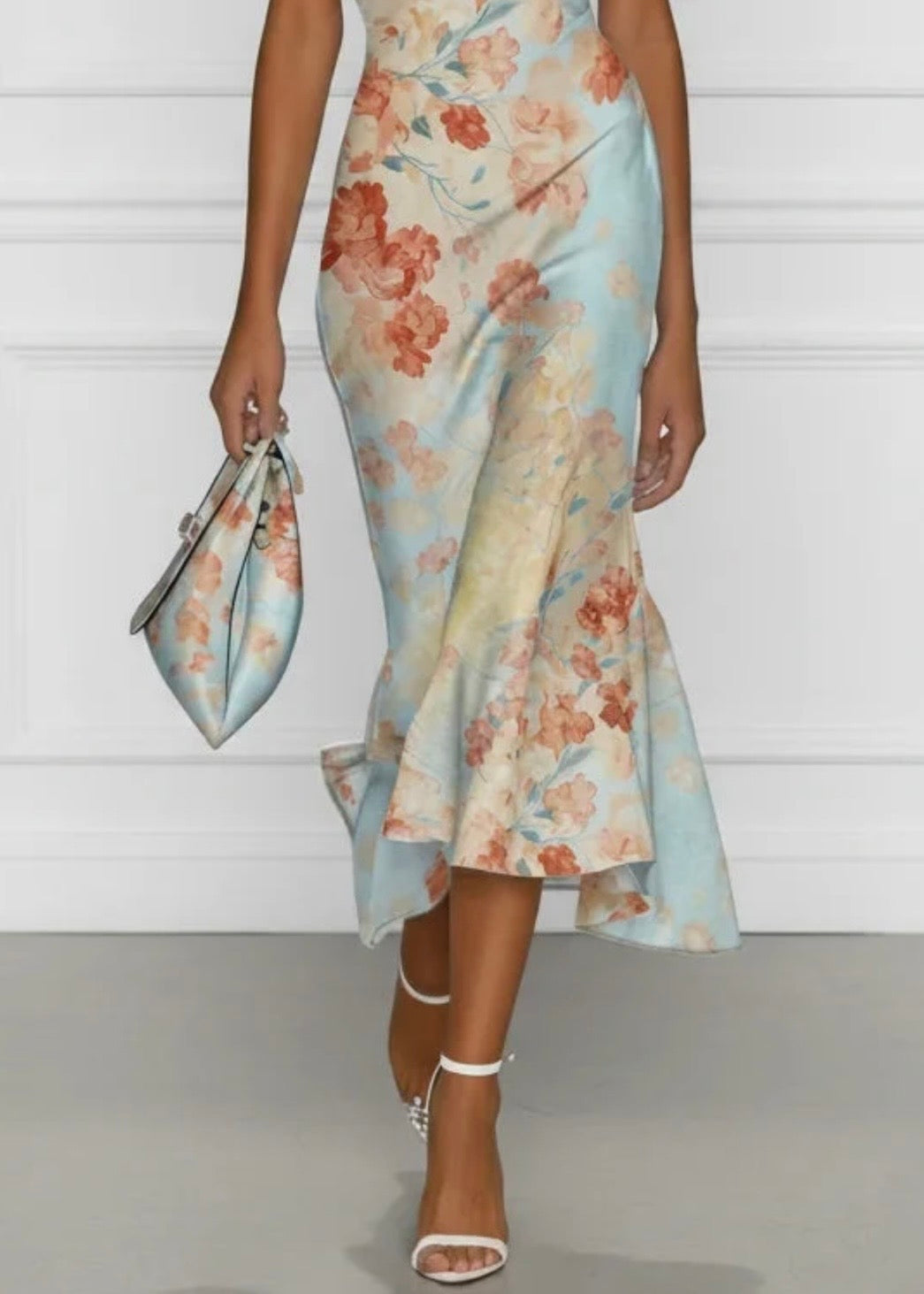VICTORIE | VESTIDO MIDI DE CORTE SIRENA CON HOMBROS AL AIRE Y ESTAMPADO FLORAL AZUL