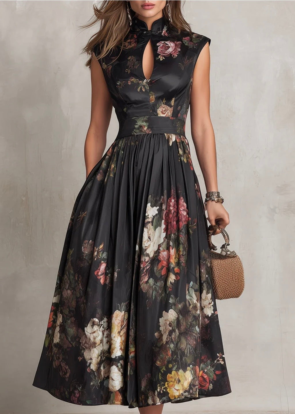 VIOLETTE | VESTIDO MIDI NEGRO CON ESTAMPADO FLORALY ESCOTE EN FORMA DE GOTA