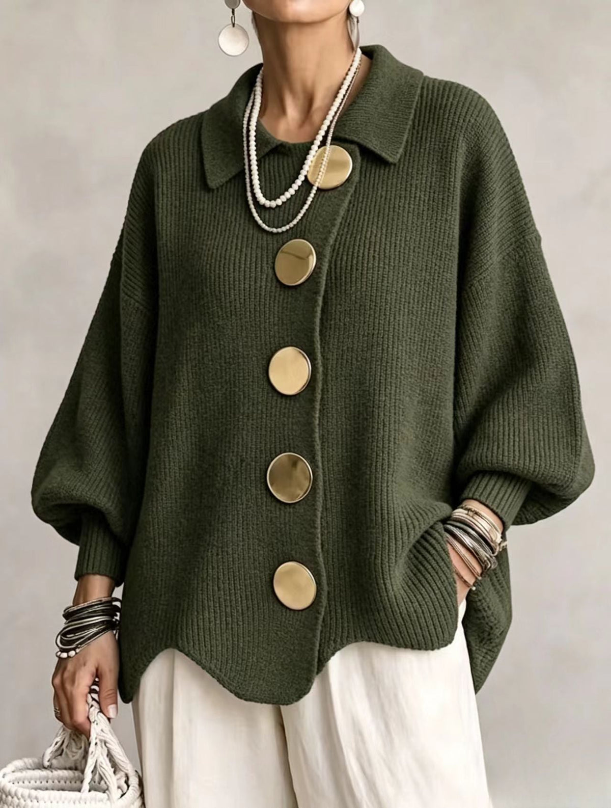 ISIDORA | CÁRDIGAN OVERSIZE CON CUELLO ABOTONADO Y BOTONES METÁLICOS