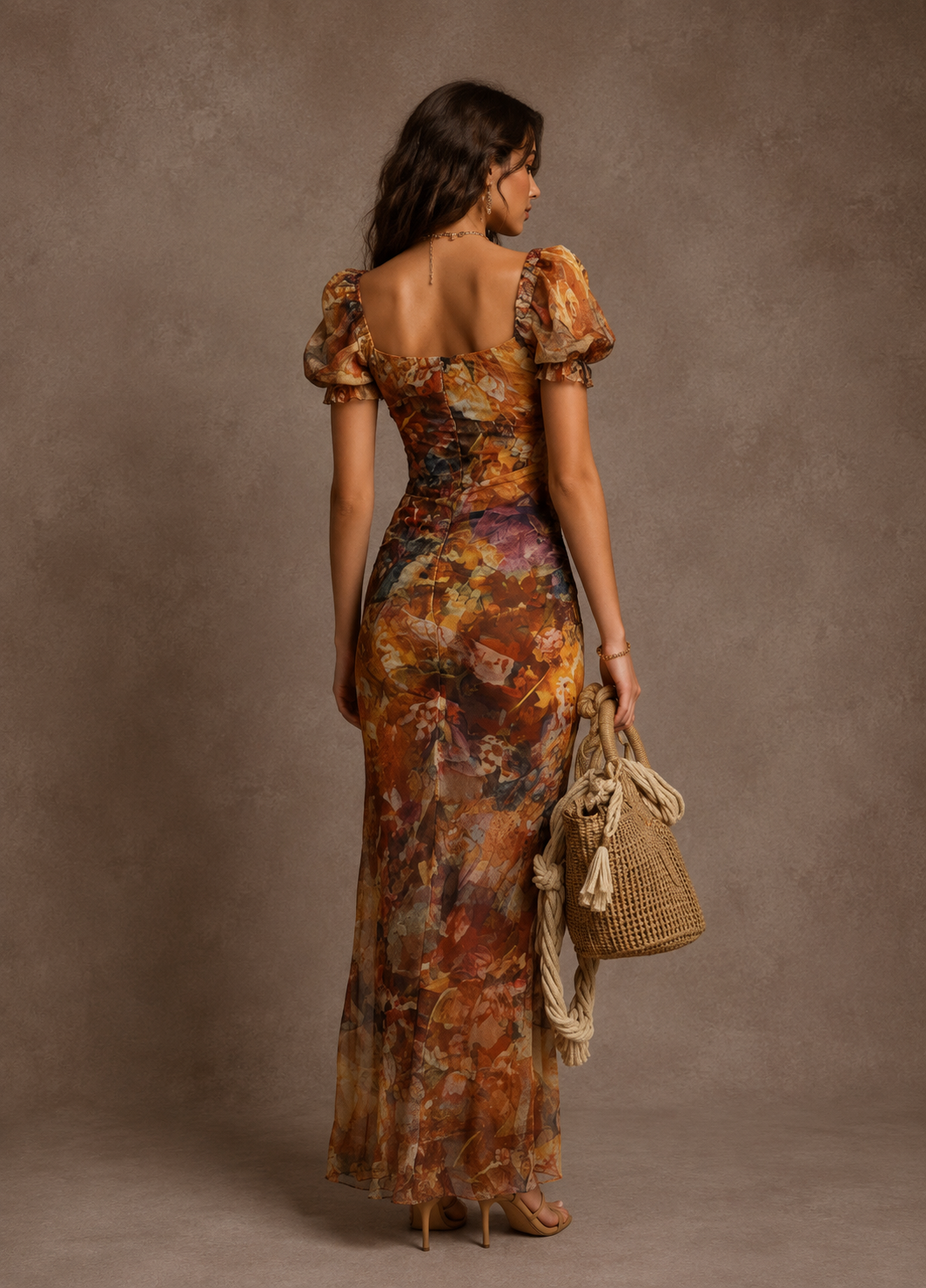 VIOLETTE | VESTIDO LARGO DE TELA NARANJA ESTILO BOHEMIO CON ESTAMPADO DE PINTURA EN ÓLEO