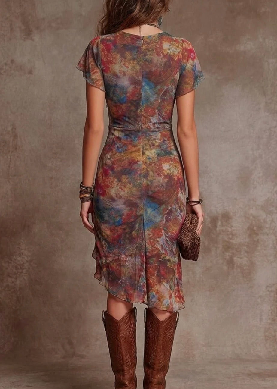 MARTINA | VESTIDO DE ESTILO BOHEMIO CON ESCOTE EN V Y ESTAMPADO DE ARTE ABSTRACTO