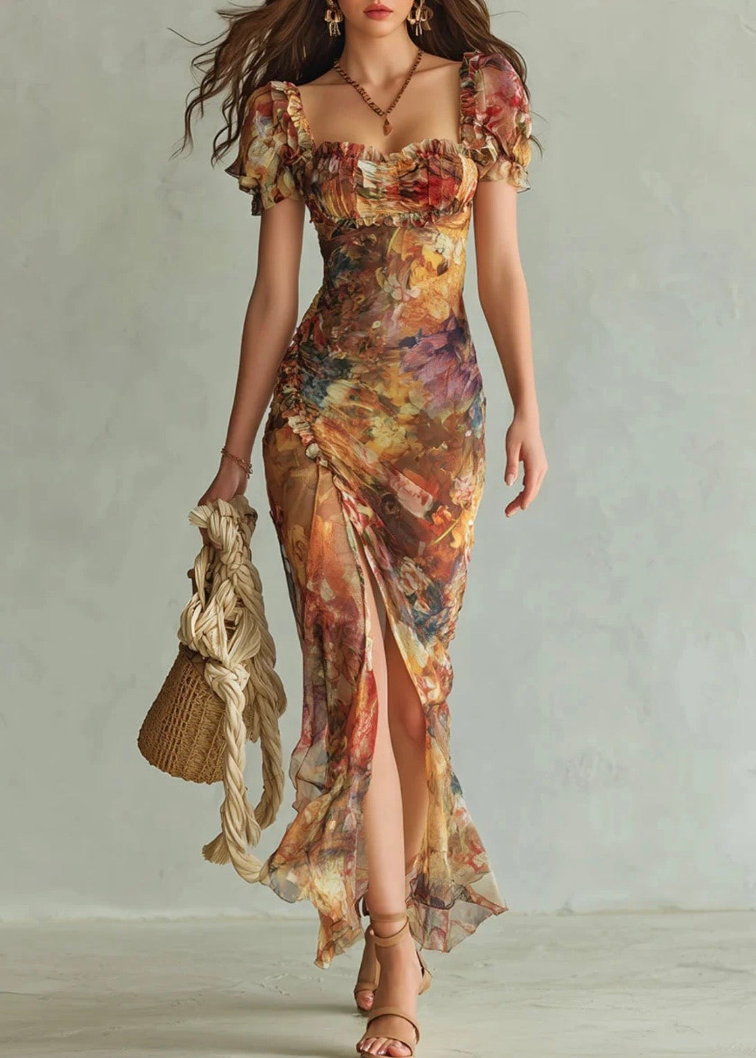 VIOLETTE | VESTIDO LARGO DE TELA NARANJA ESTILO BOHEMIO CON ESTAMPADO DE PINTURA EN ÓLEO
