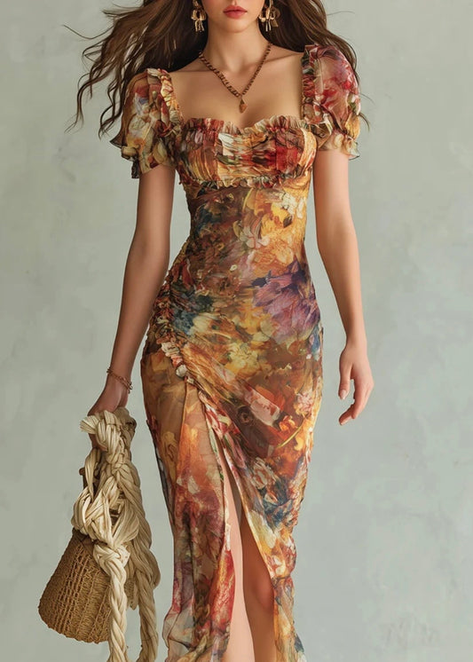 VIOLETTE | VESTIDO LARGO DE TELA NARANJA ESTILO BOHEMIO CON ESTAMPADO DE PINTURA EN ÓLEO