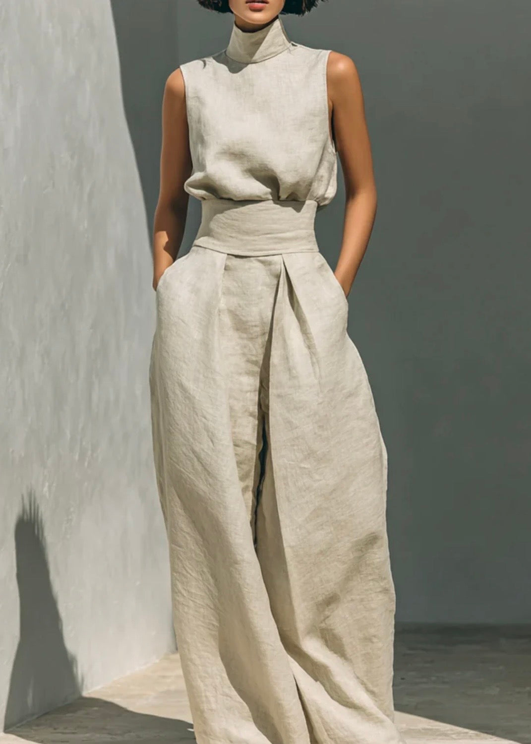 AURORA | CONJUNTO DE DOS PIEZAS DE LINO BEIGE CON TOP SIN MANGAS Y PANTALÓN DE PIERNA ANCHA
