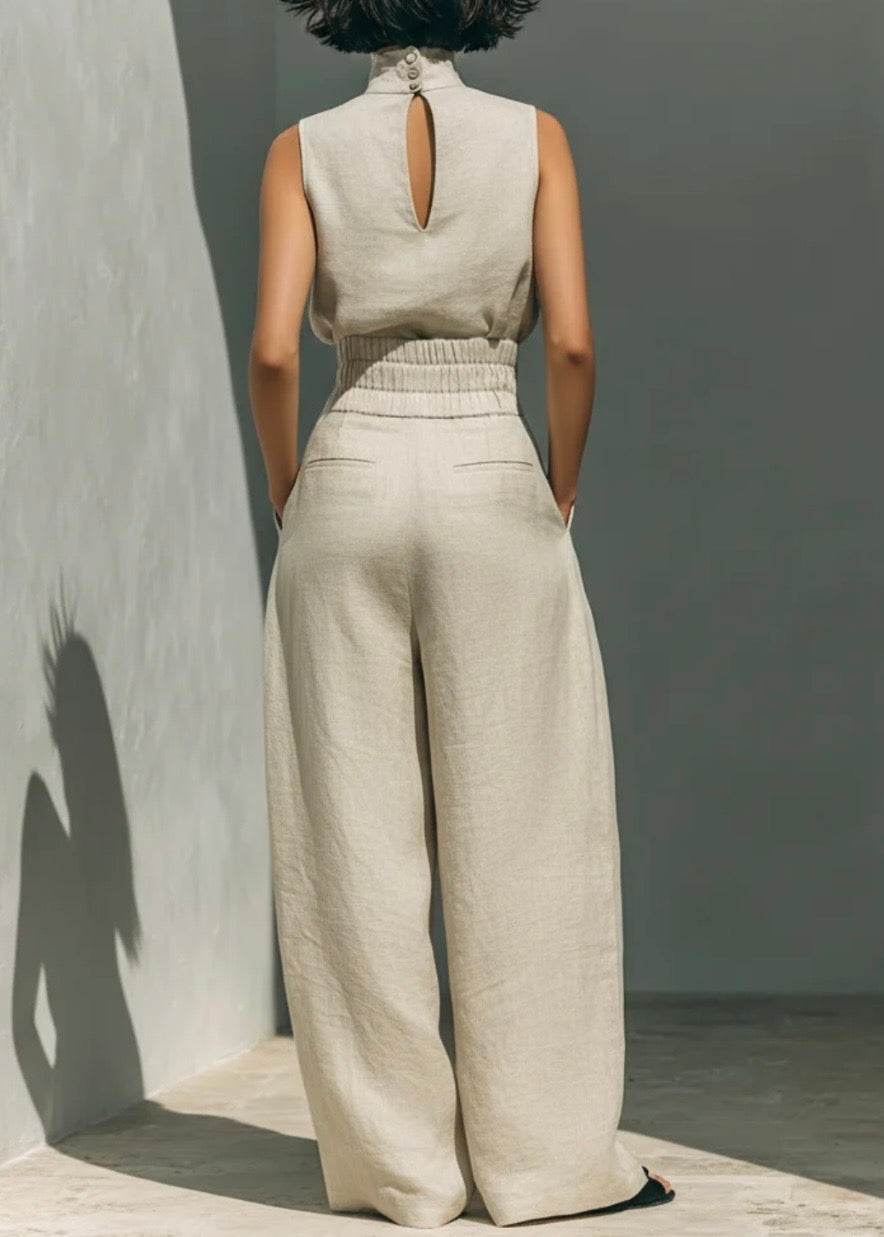 AURORA | CONJUNTO DE DOS PIEZAS DE LINO BEIGE CON TOP SIN MANGAS Y PANTALÓN DE PIERNA ANCHA
