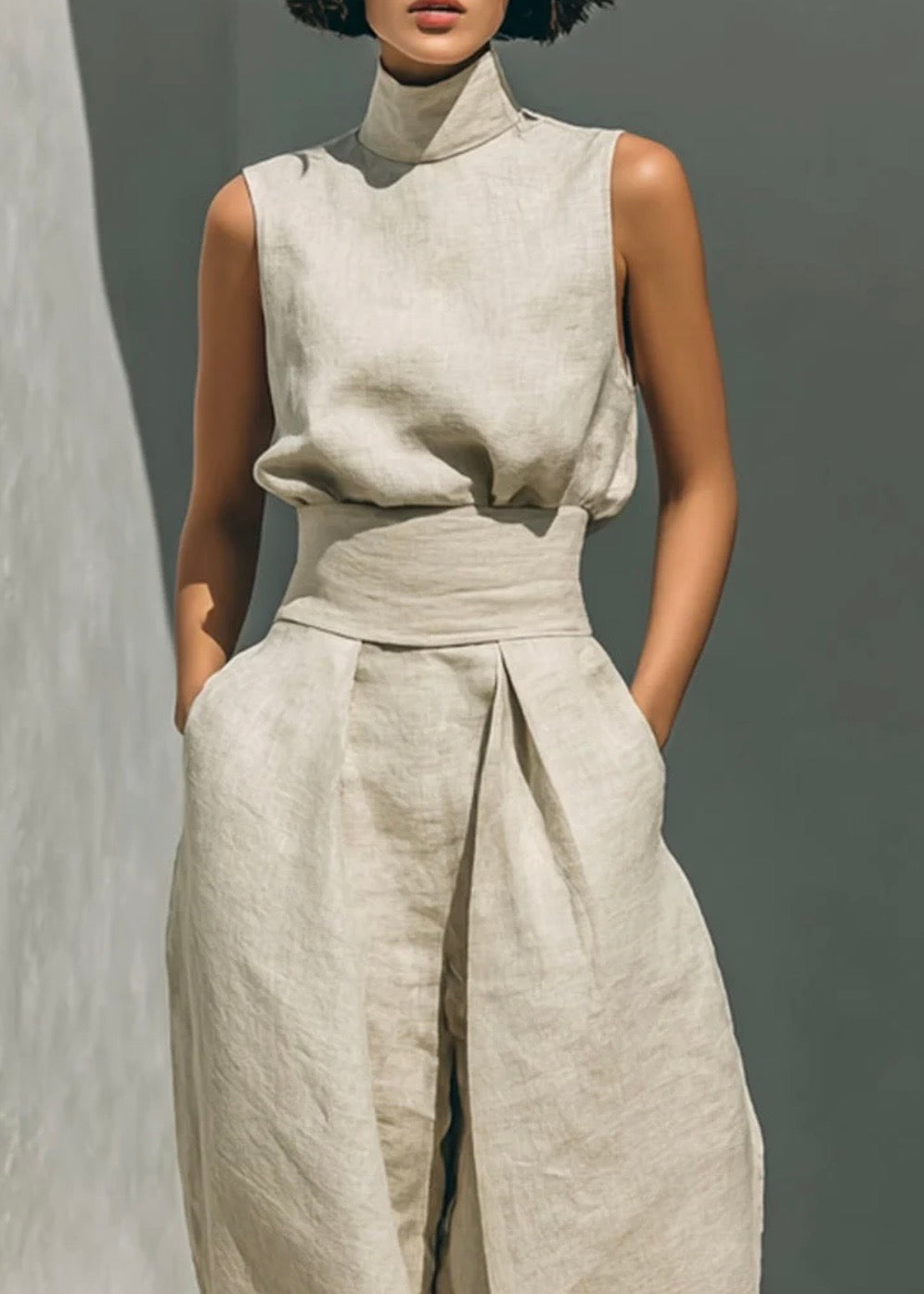 AURORA | CONJUNTO DE DOS PIEZAS DE LINO BEIGE CON TOP SIN MANGAS Y PANTALÓN DE PIERNA ANCHA