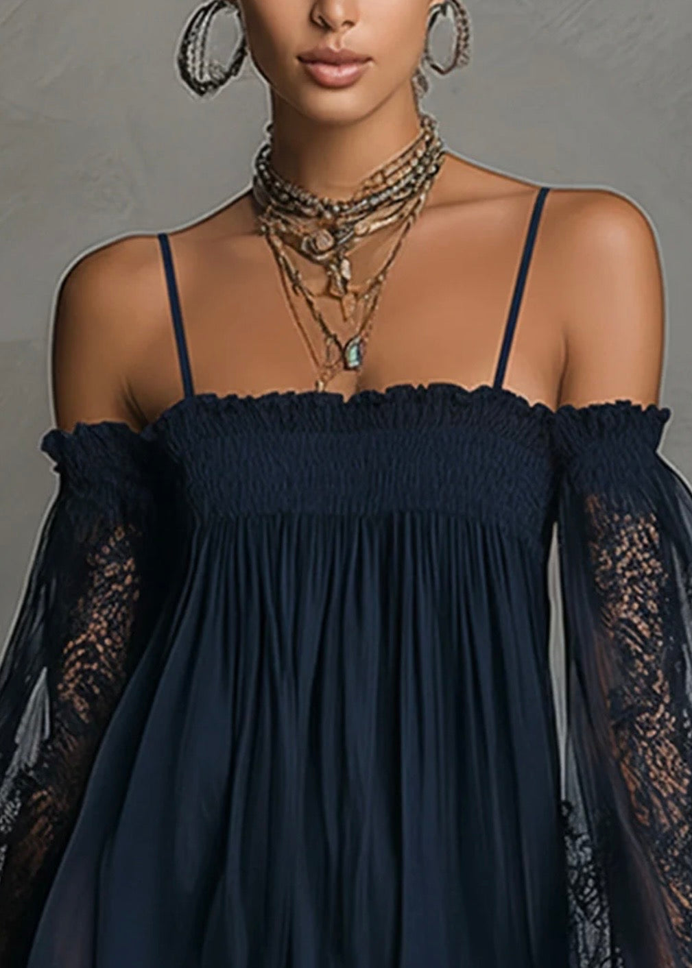 NOÉMIE | VESTIDO CORTO DE TELA AZUL MARINO CON ESCOTE BARDOT Y RIBETE DE ENCAJE