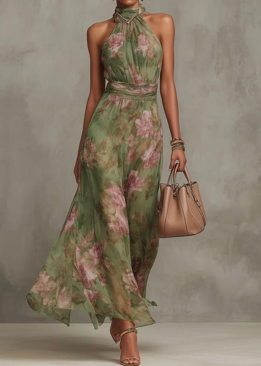 SERENA | VESTIDO LARGO DE GRASA FLORAL CON ESCOTE HELTER