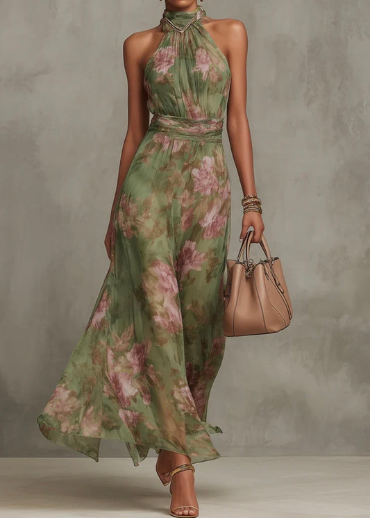 SERENA | VESTIDO LARGO DE GRASA FLORAL CON ESCOTE HELTER