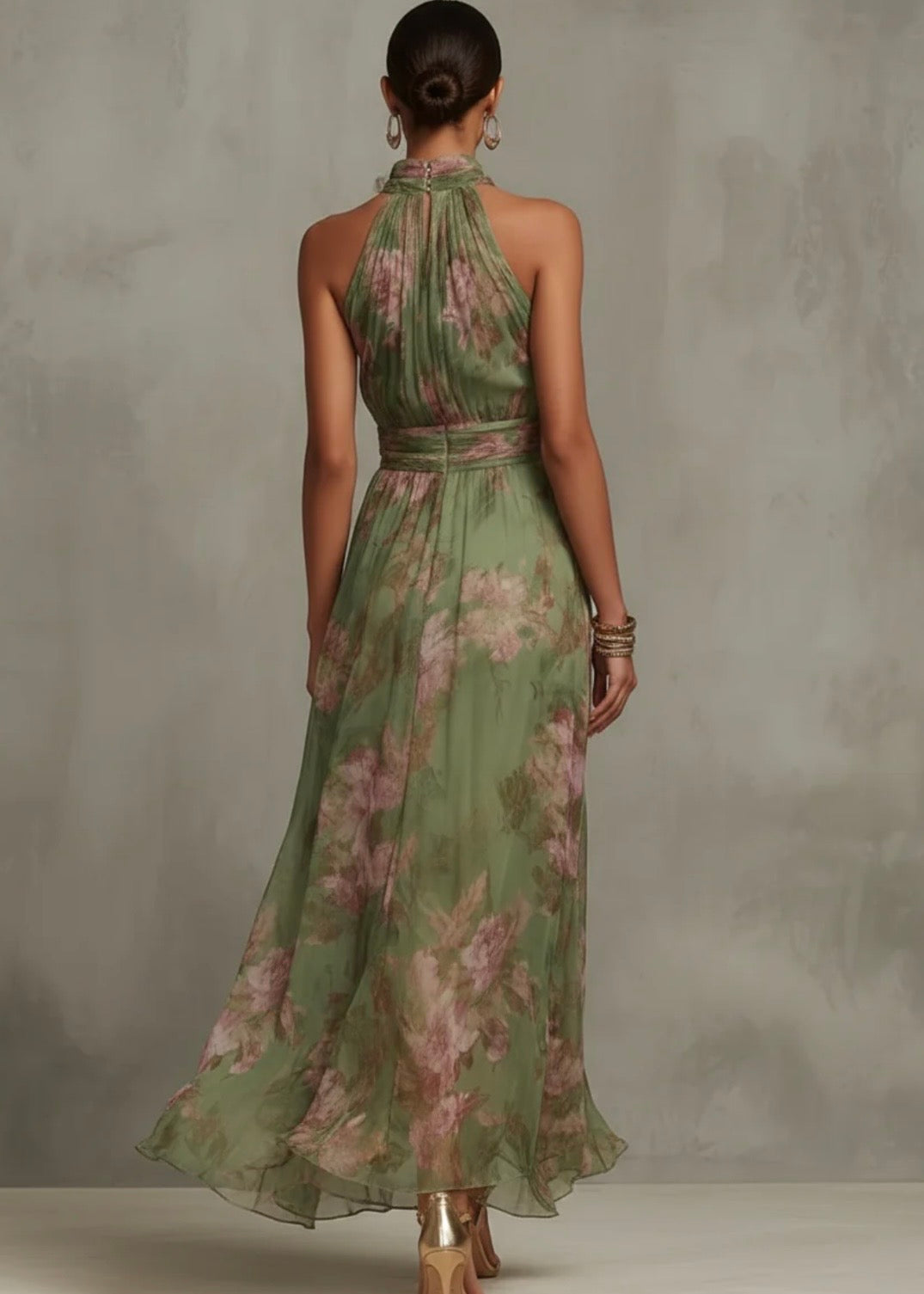 SERENA | VESTIDO LARGO DE GRASA FLORAL CON ESCOTE HELTER