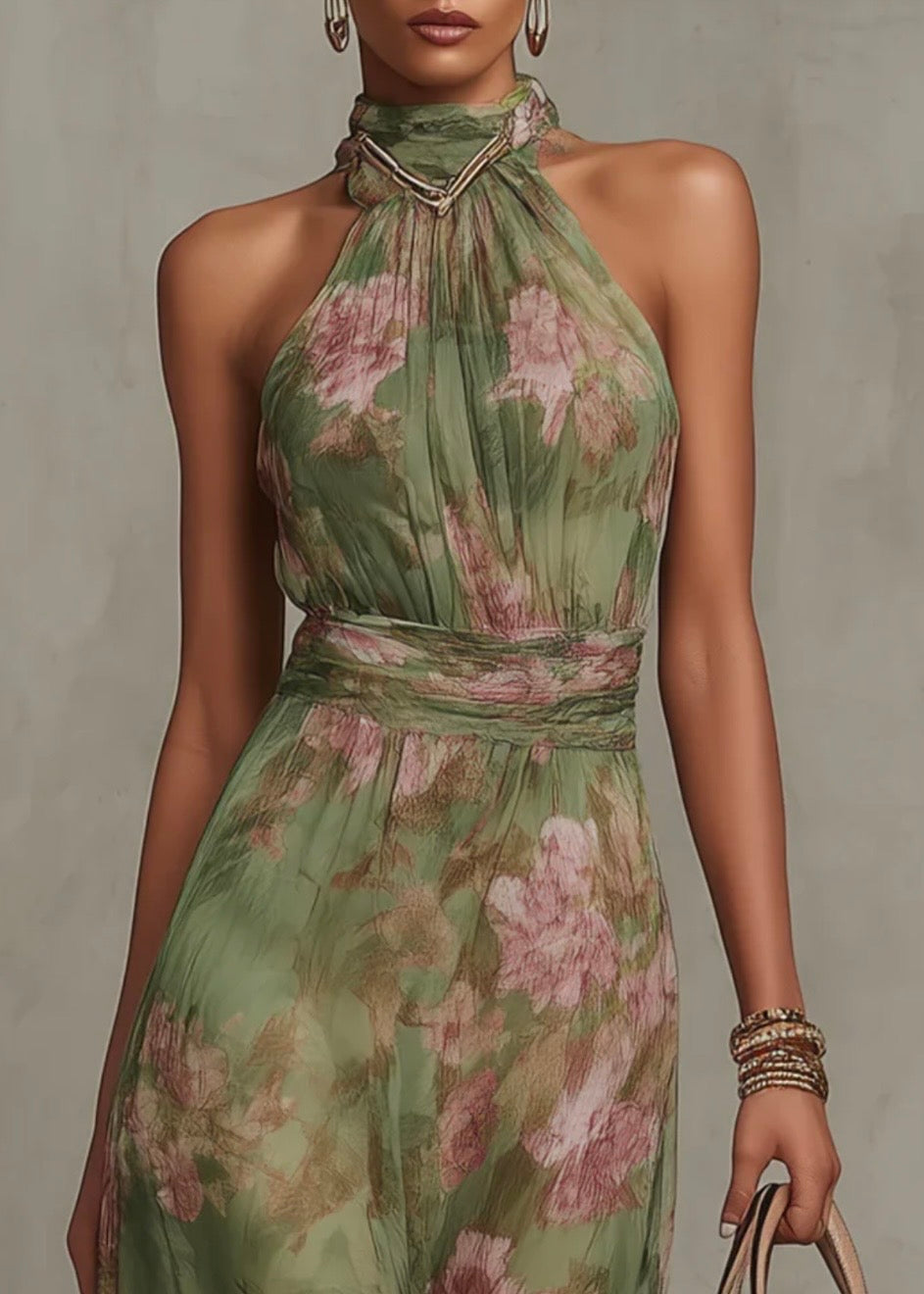 SERENA | VESTIDO LARGO DE GRASA FLORAL CON ESCOTE HELTER