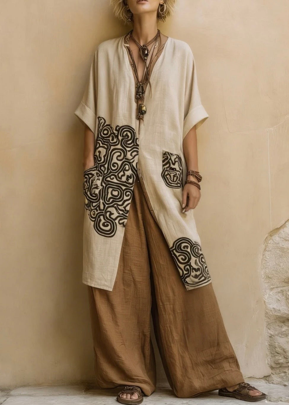 JULIETTE | CONJUNTO BOHEMIO NÓMADA DE TRES PIEZAS EN GRIS OSCURO Y MARRÓN CON ESTAMPADO TRIBAL
