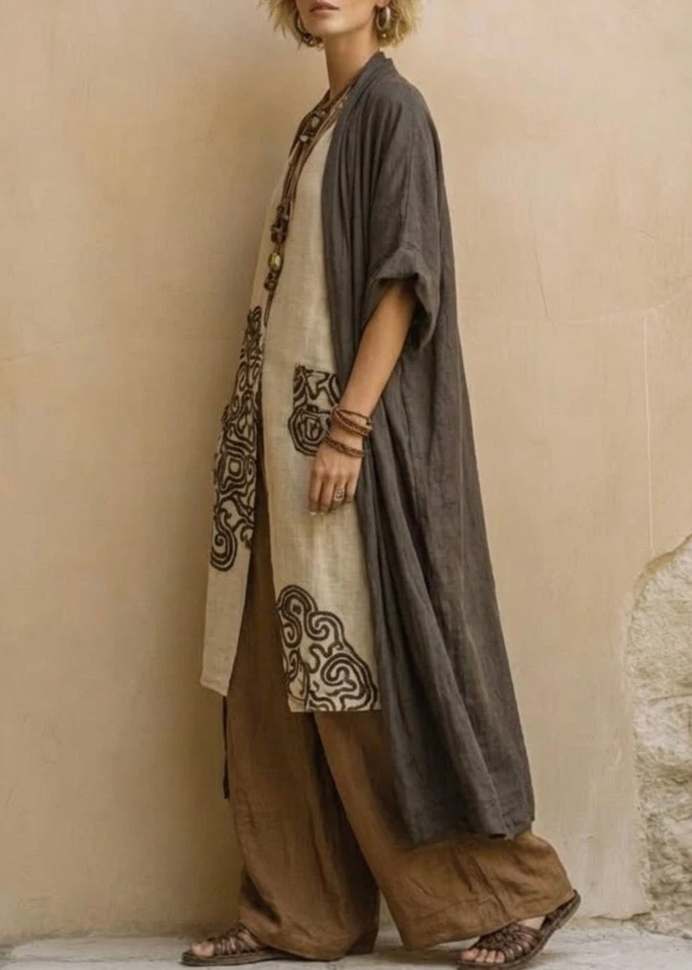 JULIETTE | CONJUNTO BOHEMIO NÓMADA DE TRES PIEZAS EN GRIS OSCURO Y MARRÓN CON ESTAMPADO TRIBAL