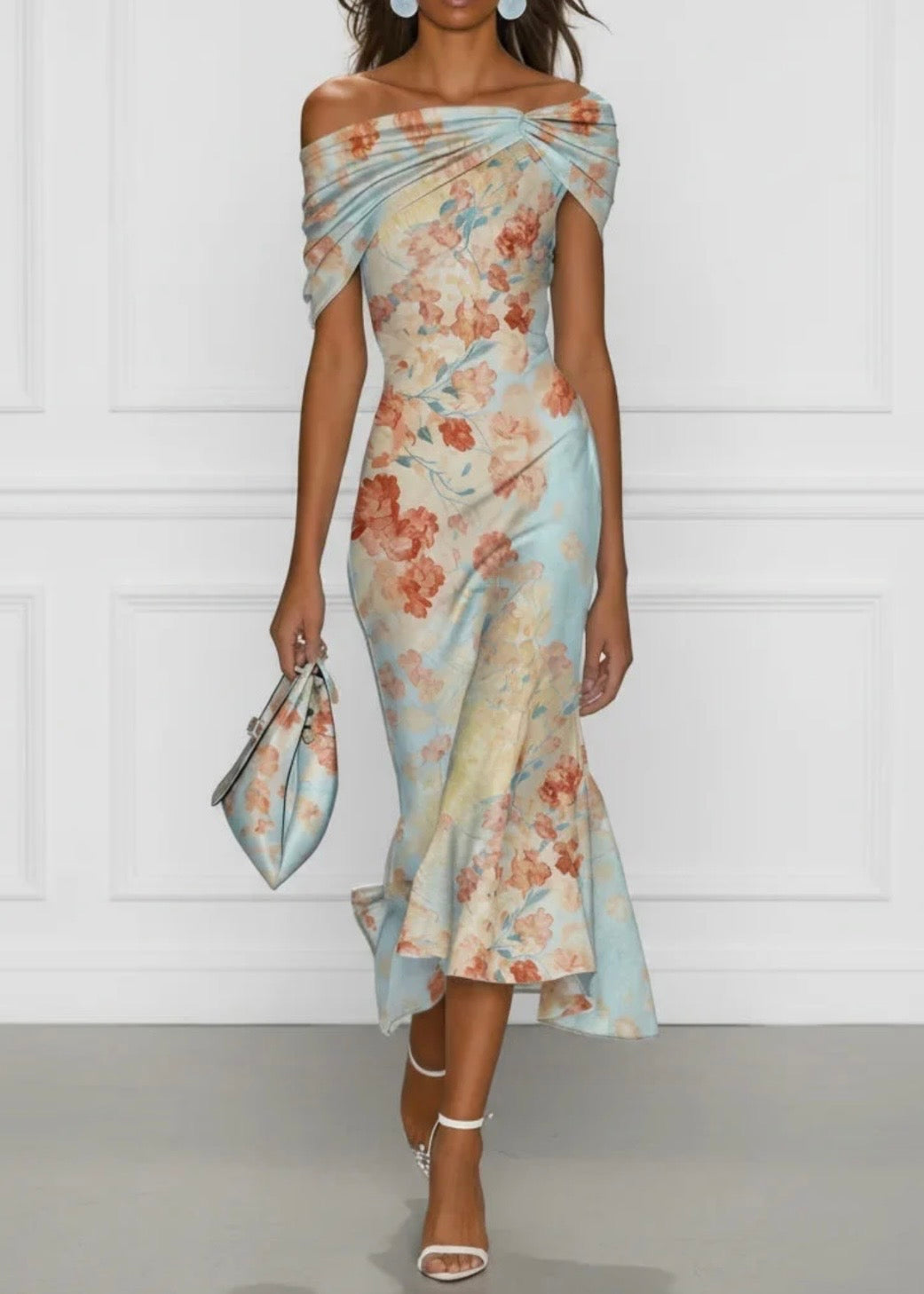 VICTORIE | VESTIDO MIDI DE CORTE SIRENA CON HOMBROS AL AIRE  Y ESTAMPADO FLORAL AZUL