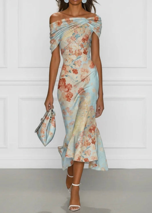 VICTORIE | VESTIDO MIDI DE CORTE SIRENA CON HOMBROS AL AIRE  Y ESTAMPADO FLORAL AZUL