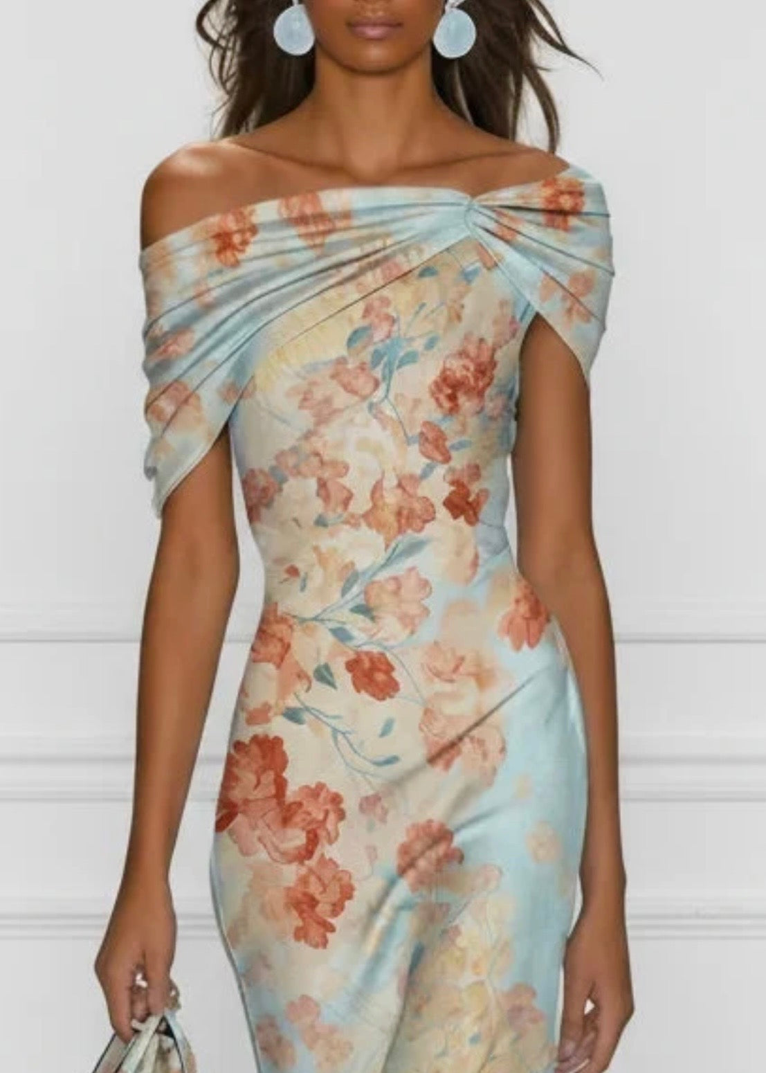 VICTORIE | VESTIDO MIDI DE CORTE SIRENA CON HOMBROS AL AIRE  Y ESTAMPADO FLORAL AZUL