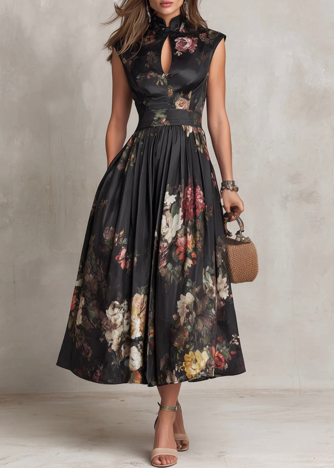 VIOLETTE | VESTIDO MIDI NEGRO CON ESTAMPADO FLORALY ESCOTE EN FORMA DE GOTA