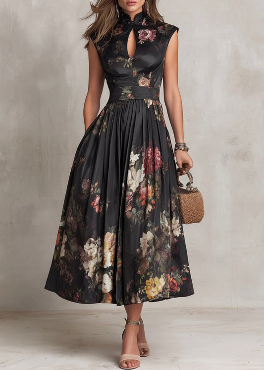 VIOLETTE | VESTIDO MIDI NEGRO CON ESTAMPADO FLORALY ESCOTE EN FORMA DE GOTA