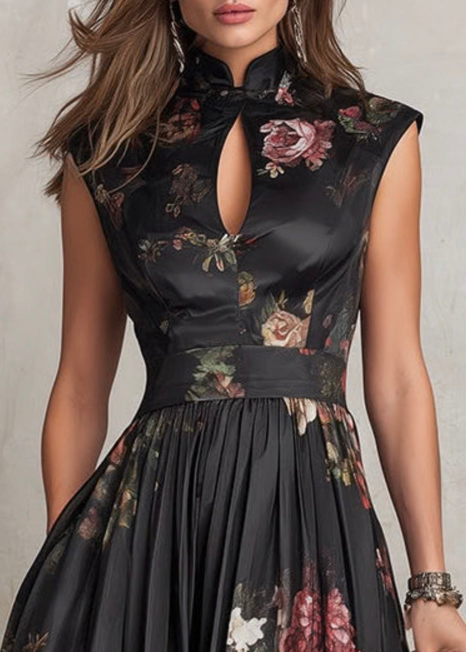 VIOLETTE | VESTIDO MIDI NEGRO CON ESTAMPADO FLORALY ESCOTE EN FORMA DE GOTA