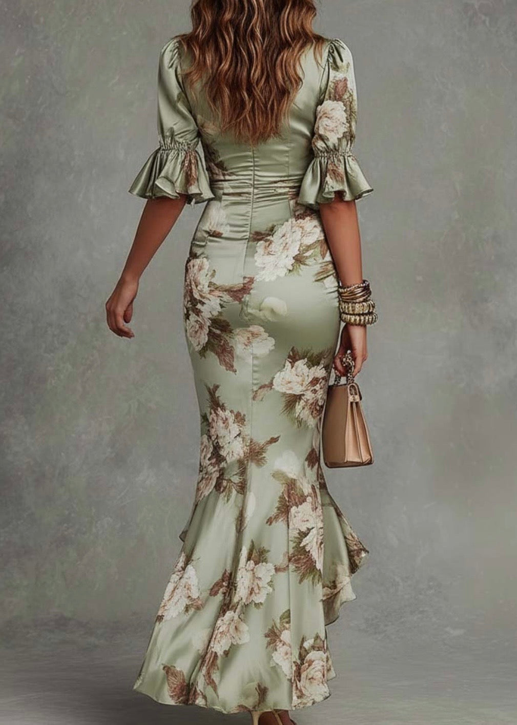 ANNE | VESTIDO LARGO ASIMÉTRICO CON CUELLOEN V, MANGAS  Y ESTAMPADO FLORAL