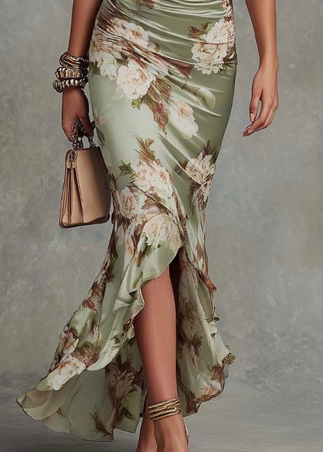 ANNE | VESTIDO LARGO ASIMÉTRICO CON CUELLOEN V, MANGAS  Y ESTAMPADO FLORAL