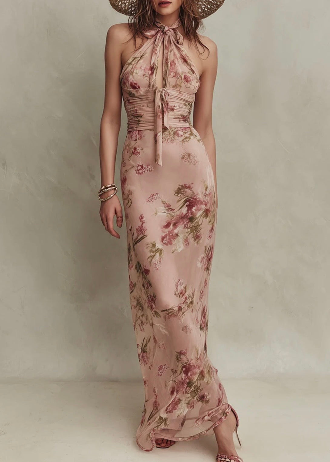 LIA | VESTIDO LARGO DE MUSELINA CON UN ELEGANTE ESTAMPADO FLORAL Y ESCOTE EN FORMA DE GOTA