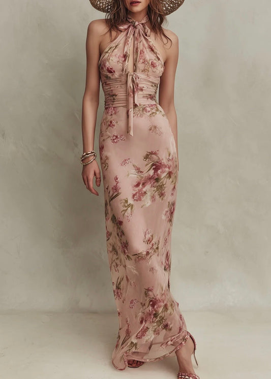 LIA | VESTIDO LARGO DE MUSELINA CON UN ELEGANTE ESTAMPADO FLORAL Y ESCOTE EN FORMA DE GOTA