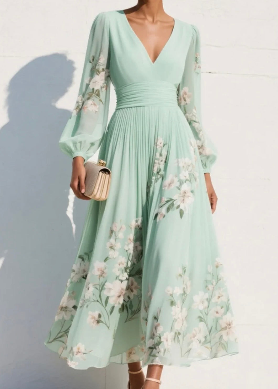 SUSANE | VESTIDO LARGO PLISADO DE MUSELINA VERDEMENTA CON ESTAMPADO FLORAL PARA MUJER