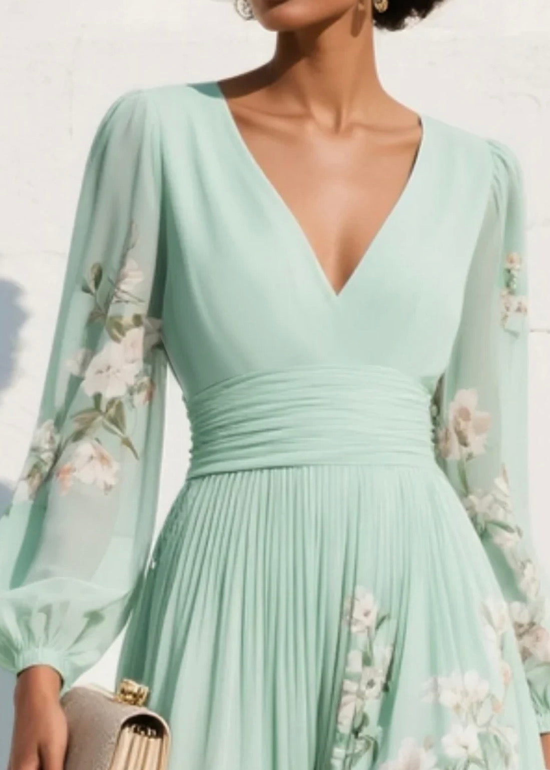 SUSANE | VESTIDO LARGO PLISADO DE MUSELINA VERDEMENTA CON ESTAMPADO FLORAL PARA MUJER