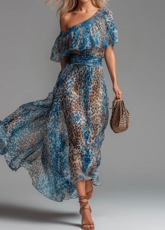 SAUVAGE | VESTIDO LARGO DE MUSELINA CON ESTAMPADO DE LEOPARDO Y HOMBROS AL AIRE