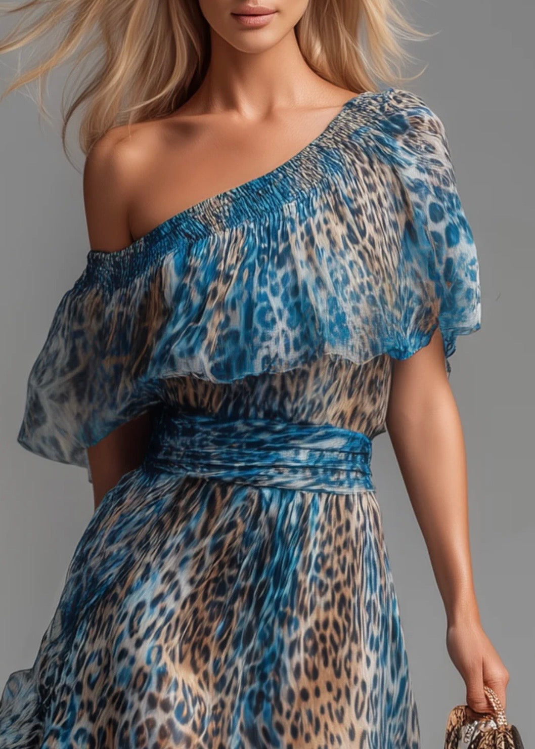 SAUVAGE | VESTIDO LARGO DE MUSELINA CON ESTAMPADO DE LEOPARDO Y HOMBROS AL AIRE