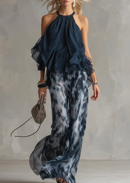 CHLOÉ | CONJUNTO ELEGANTE CON TOP AZUL MARINO CON ESPALDA DESCUBIERTA Y PANTALONES ANCHOS ESTAMPADOS