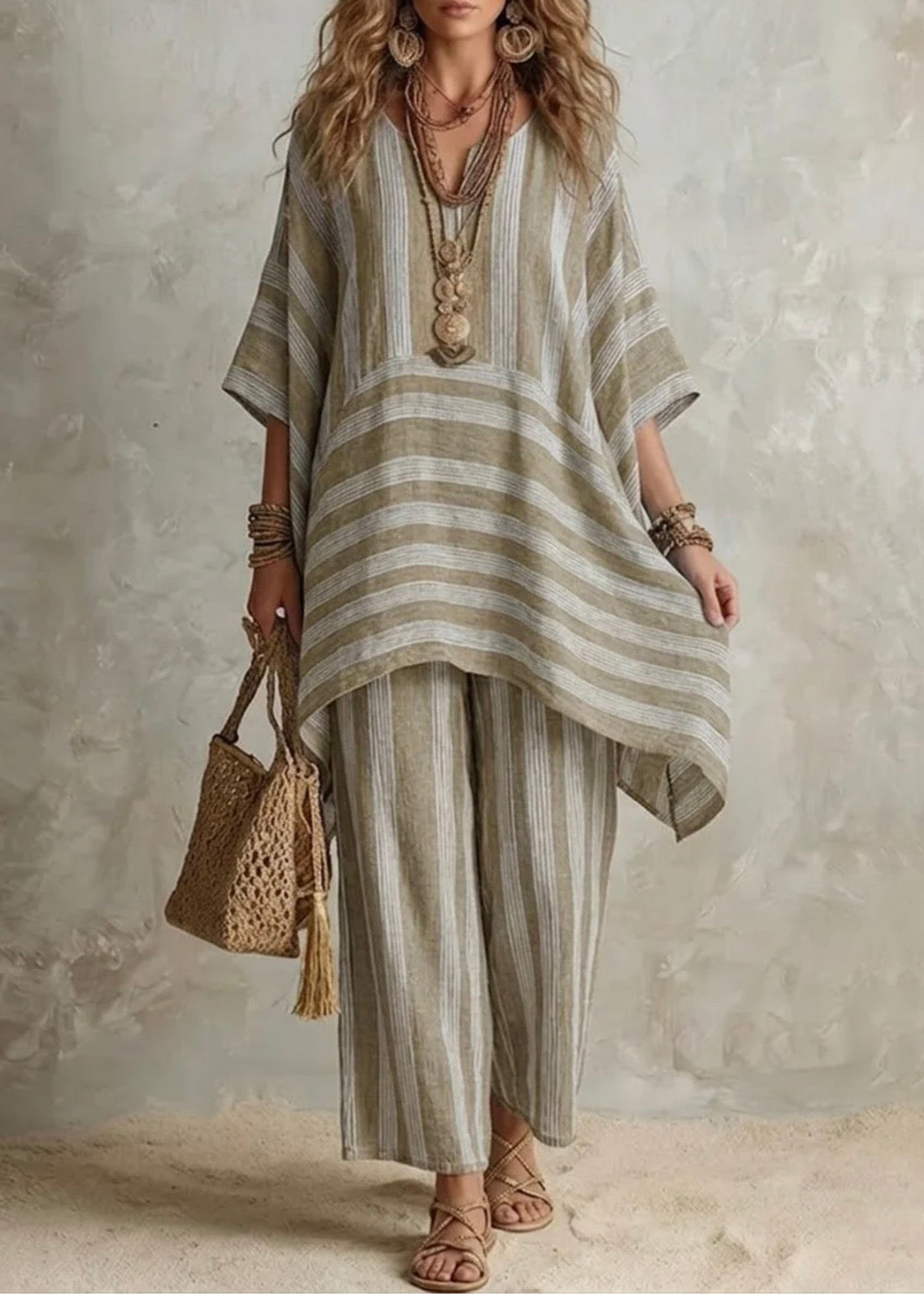 RAQUEL - CONJUNTO BOHO DE LINO A RAYAS EDICIÓN LUNEA SUN