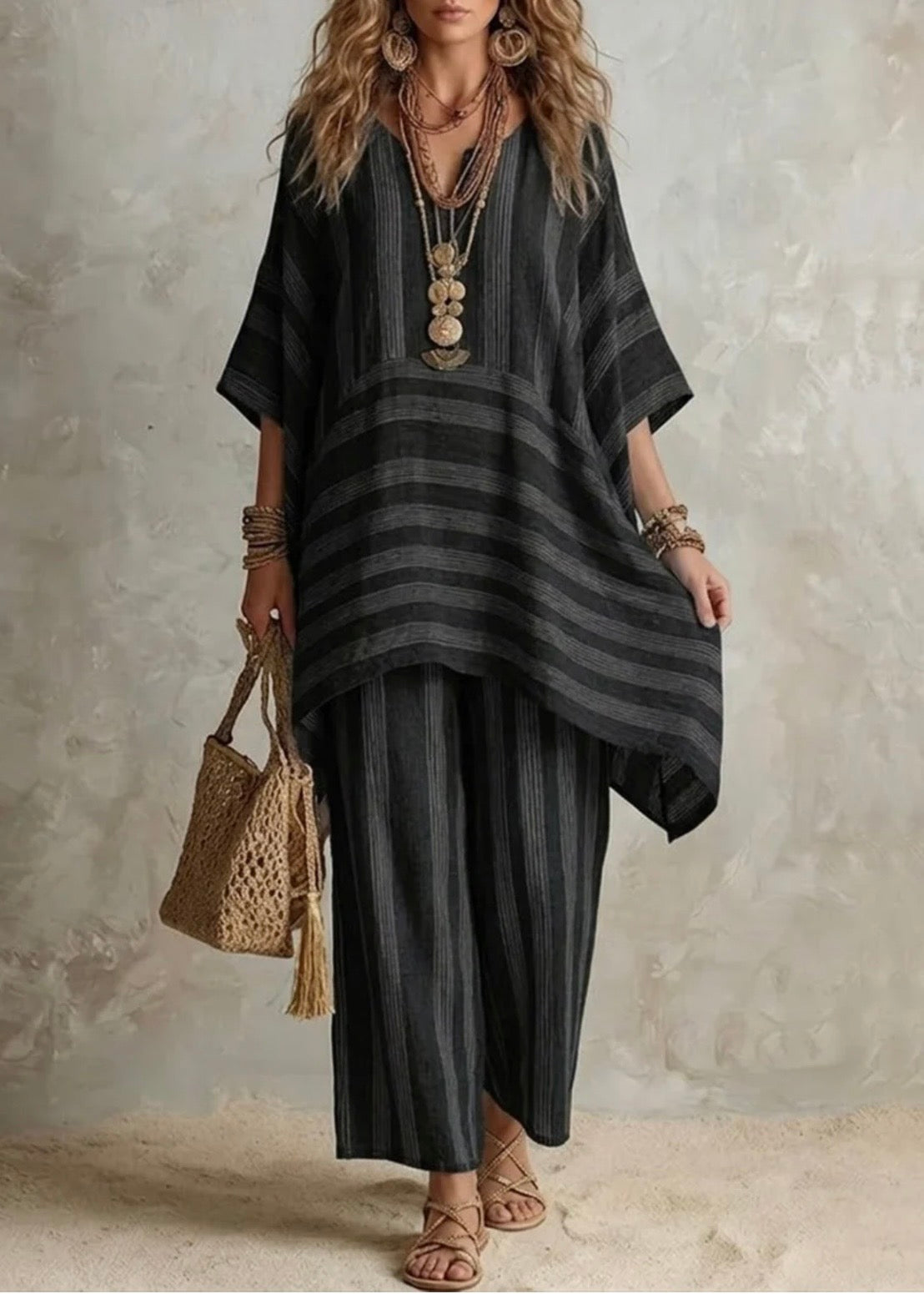 RAQUEL - CONJUNTO BOHO DE LINO A RAYAS EDICIÓN LUNEA SUN