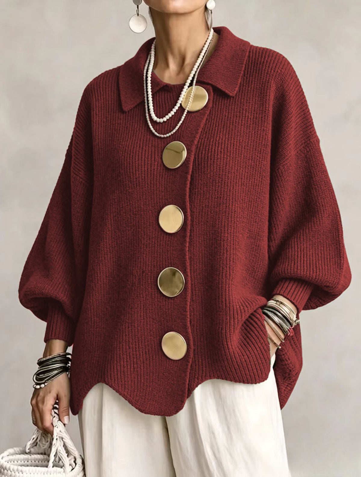 ISIDORA | CÁRDIGAN OVERSIZE CON CUELLO ABOTONADO Y BOTONES METÁLICOS