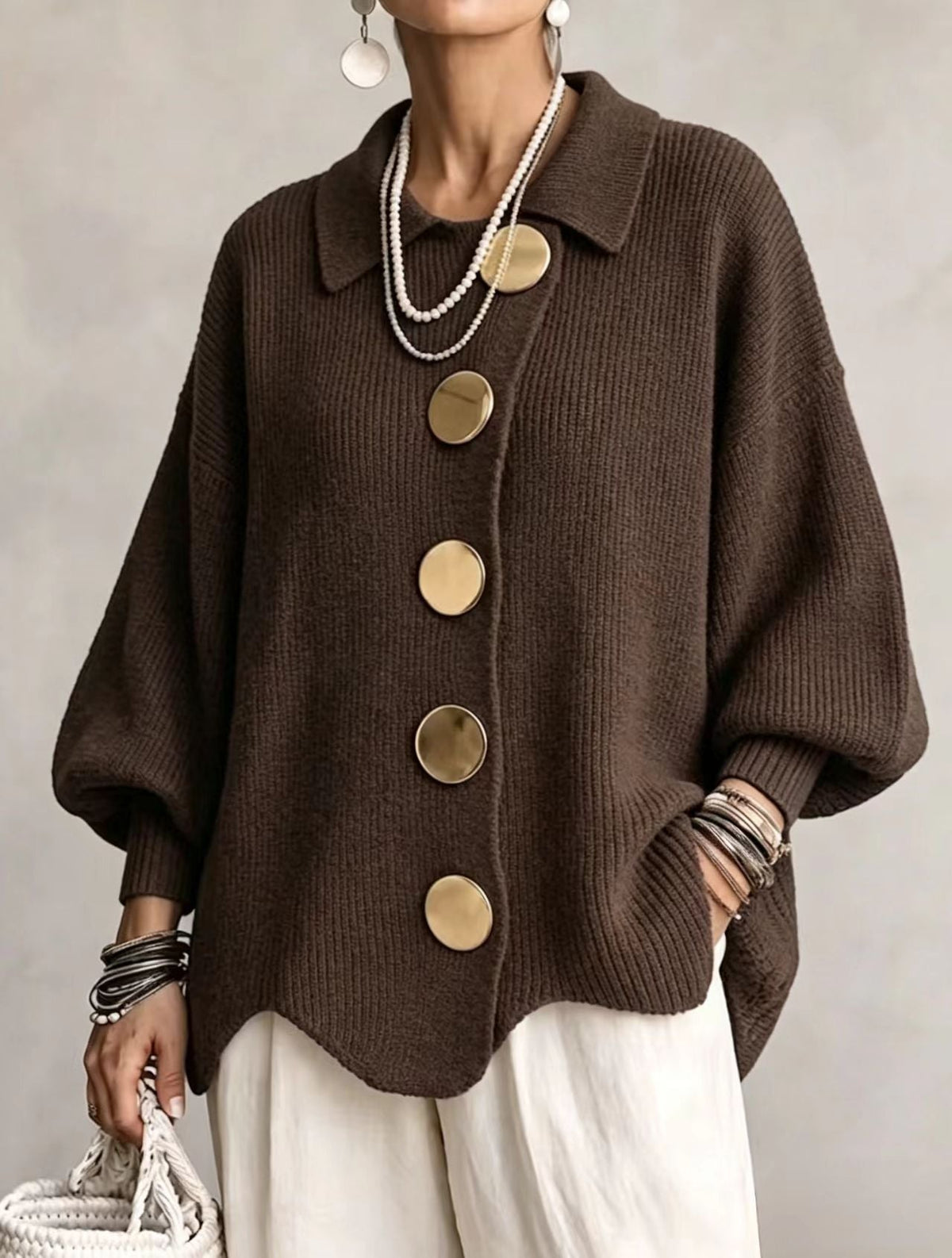 ISIDORA | CÁRDIGAN OVERSIZE CON CUELLO ABOTONADO Y BOTONES METÁLICOS