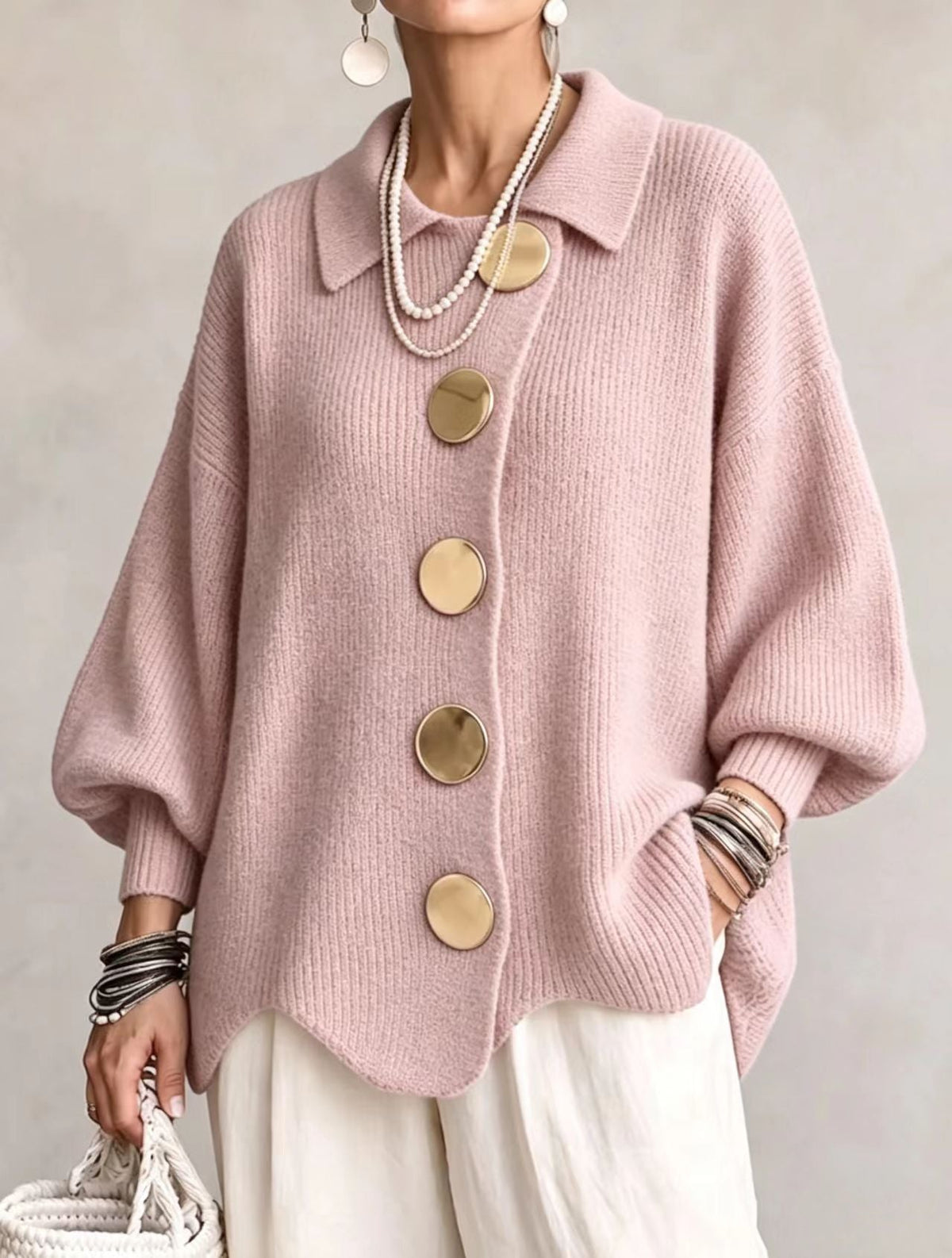 ISIDORA | CÁRDIGAN OVERSIZE CON CUELLO ABOTONADO Y BOTONES METÁLICOS