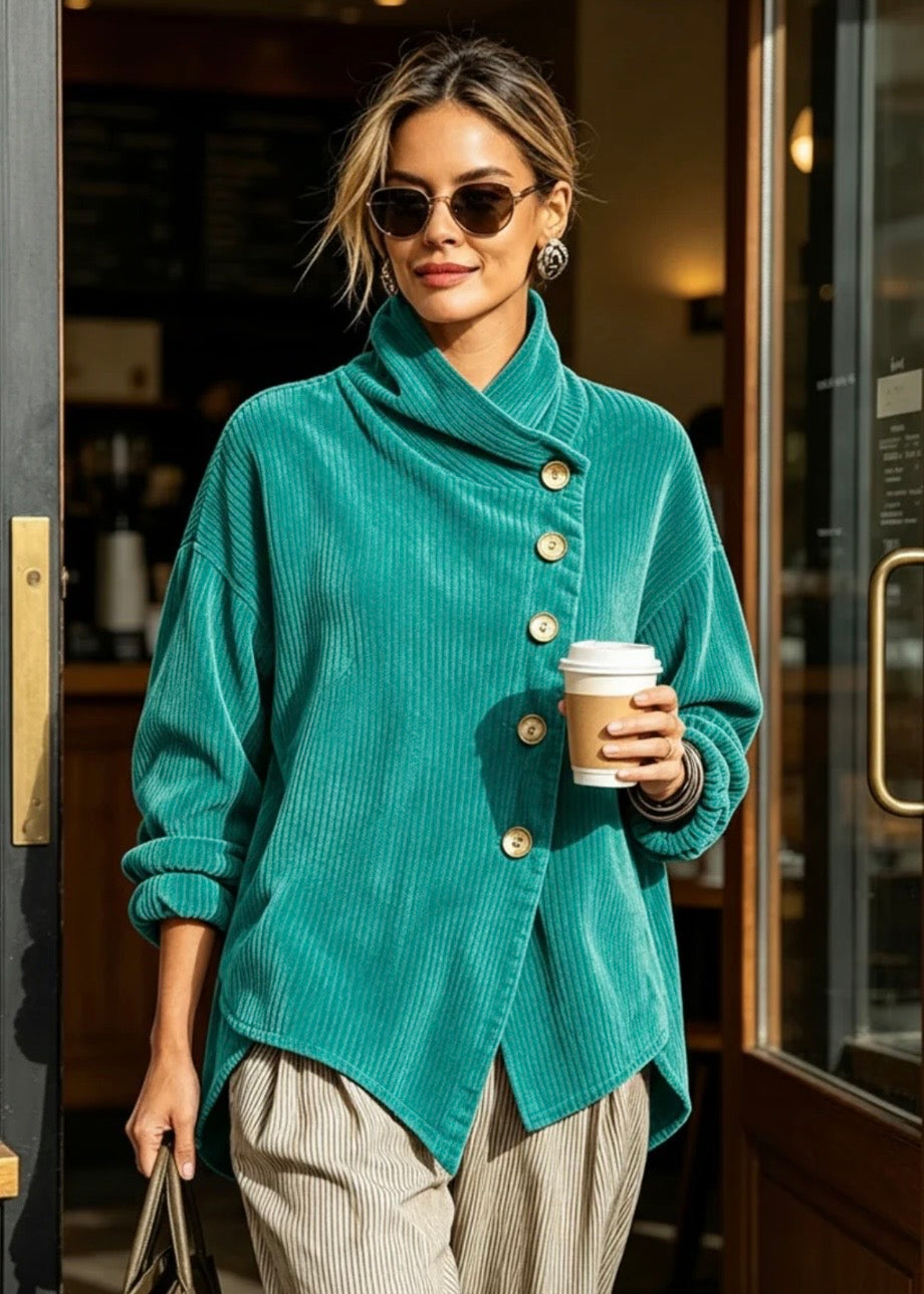 SERAFINA | TOP DE PANA CON ABOTONADURA DIAGONAL TURQUESA