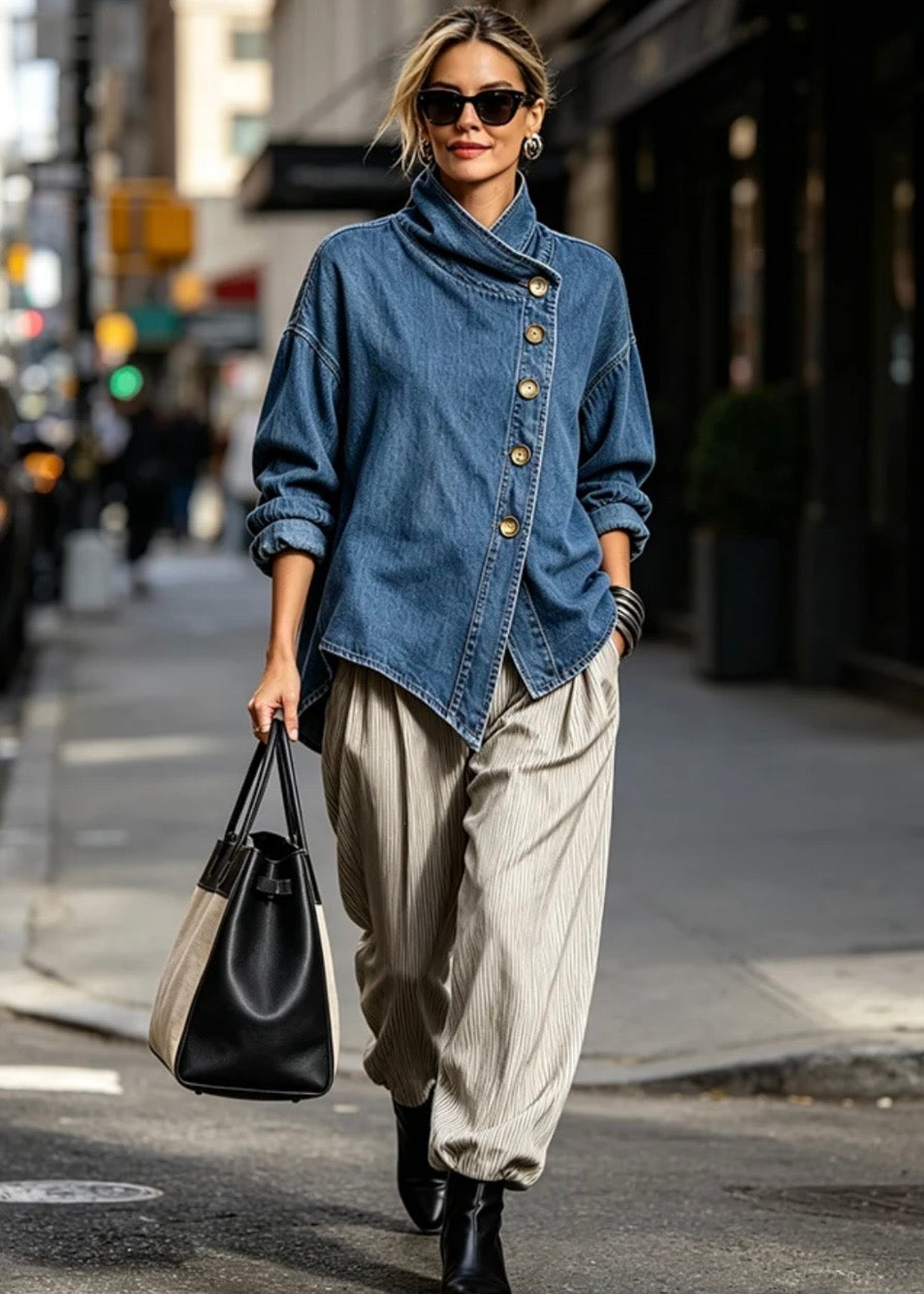 ISOTTA | CAMISA VAQUERA OVERSIZE CON BOTONES EN DIAGONAL AZUL