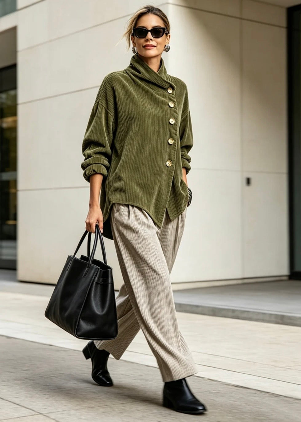 DELFINA | TOP DE PANA CON ABOTONADURA DIAGONAL VERDE OLIVA