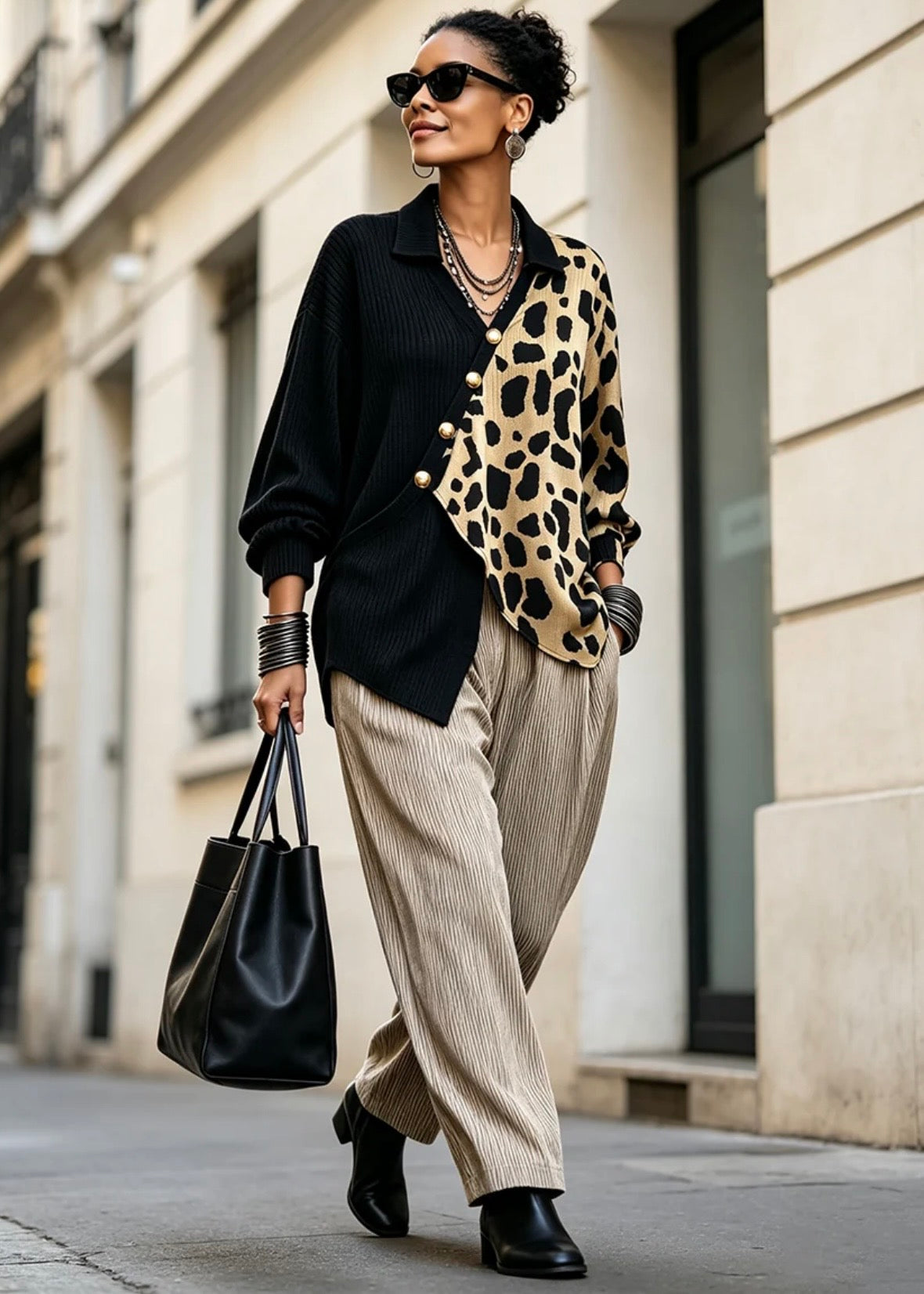 RAFFAELLA | SUÉTER ASIMÉTRICO CON ESTAMPADO DE LEOPARDO Y DISEÑO